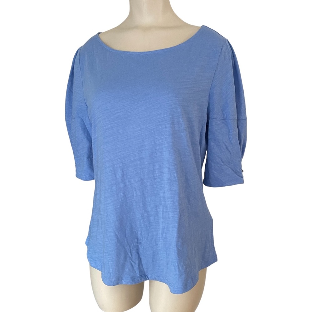 LRL Lauren Ralph Lauren Slub Cotton Top Boat Neckline Elbow Length Sleeves Blue